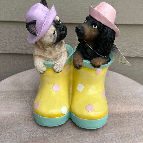 Dachshund & Pug In Rainboots Humane Society Figure Spring Dog Statue - Picture 12 of 12